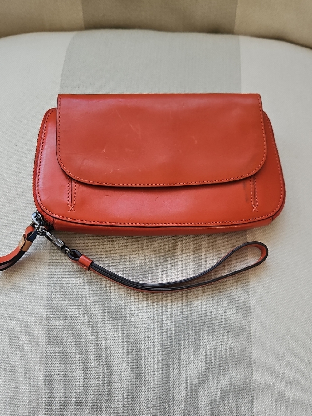 Tumi Orange Leather Wristlet Clutch with Removable Strap
